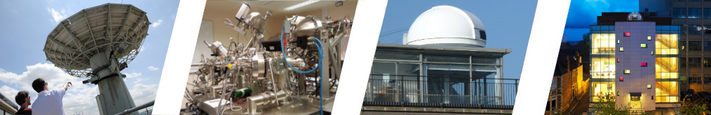 Banner consisting of four images of facilities within Physics: (in order) the Coldrick Observatory; the NanoESCA facility; the Optical Observatory; and the NSQI Building
